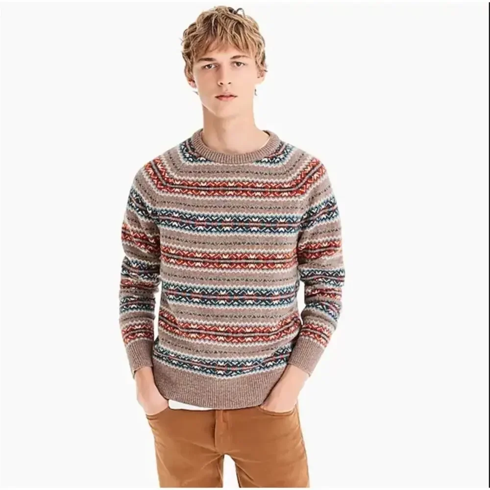 MENS J CREW Beige Tan Blue Fair Isle Wool Stripe Crew $228 Pullover Sweater S